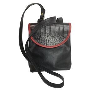 Vintage 1990s Black Red Leather Flap Satchel Hip Bag